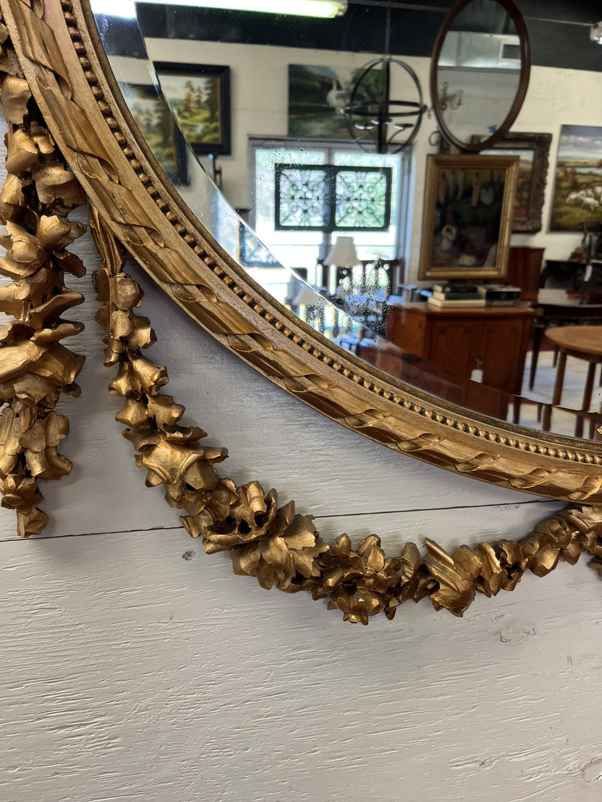 LOUIS XVI CARVED FLORAL SWAG GILT GOLD PAINTED BEVELED OVAL WALL MIRROR 51x43