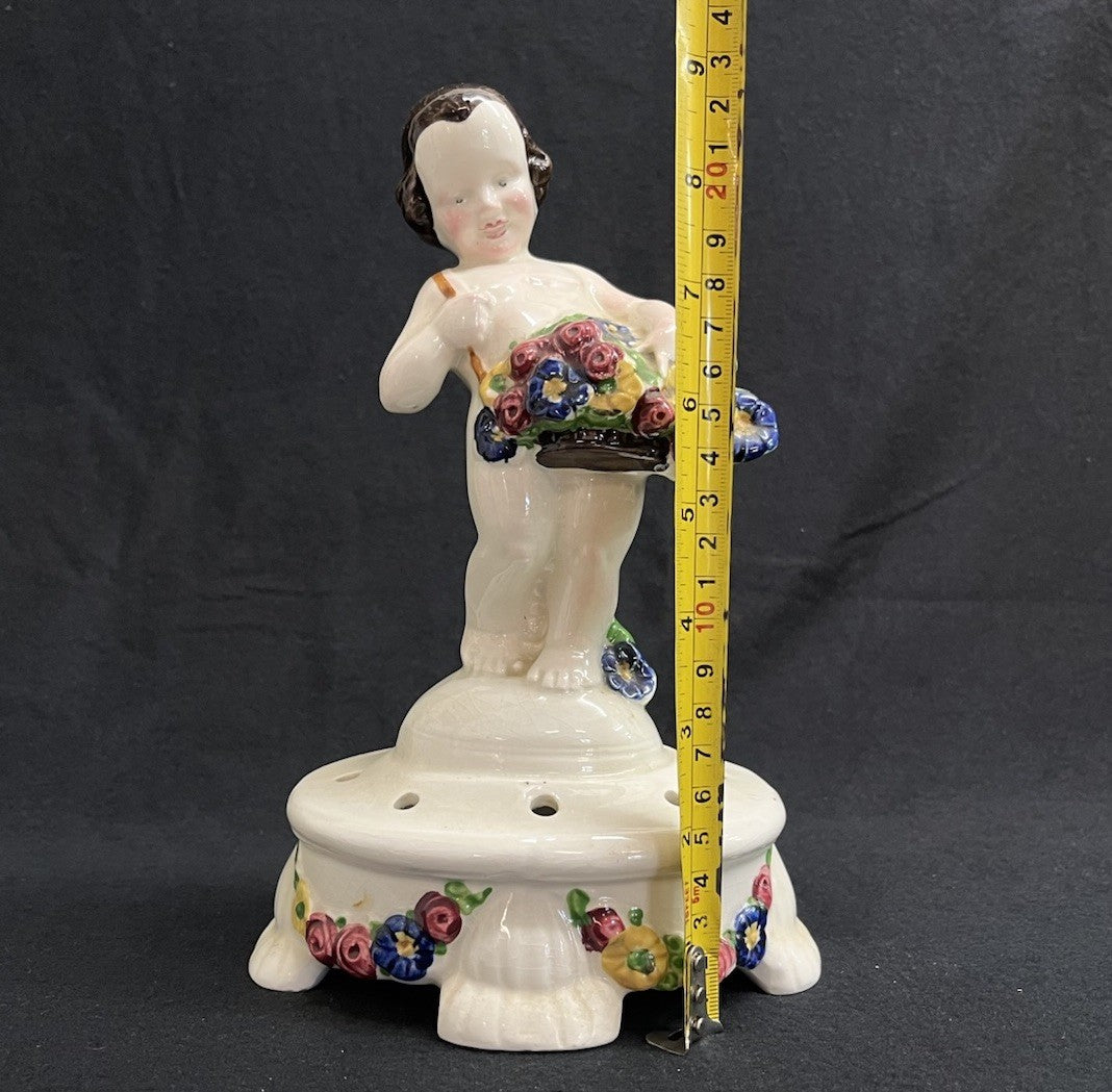 Antique PORCELAIN FLOWER FROG CHERUB  PUTTI FIGURINE w Flower Basket H9.5"