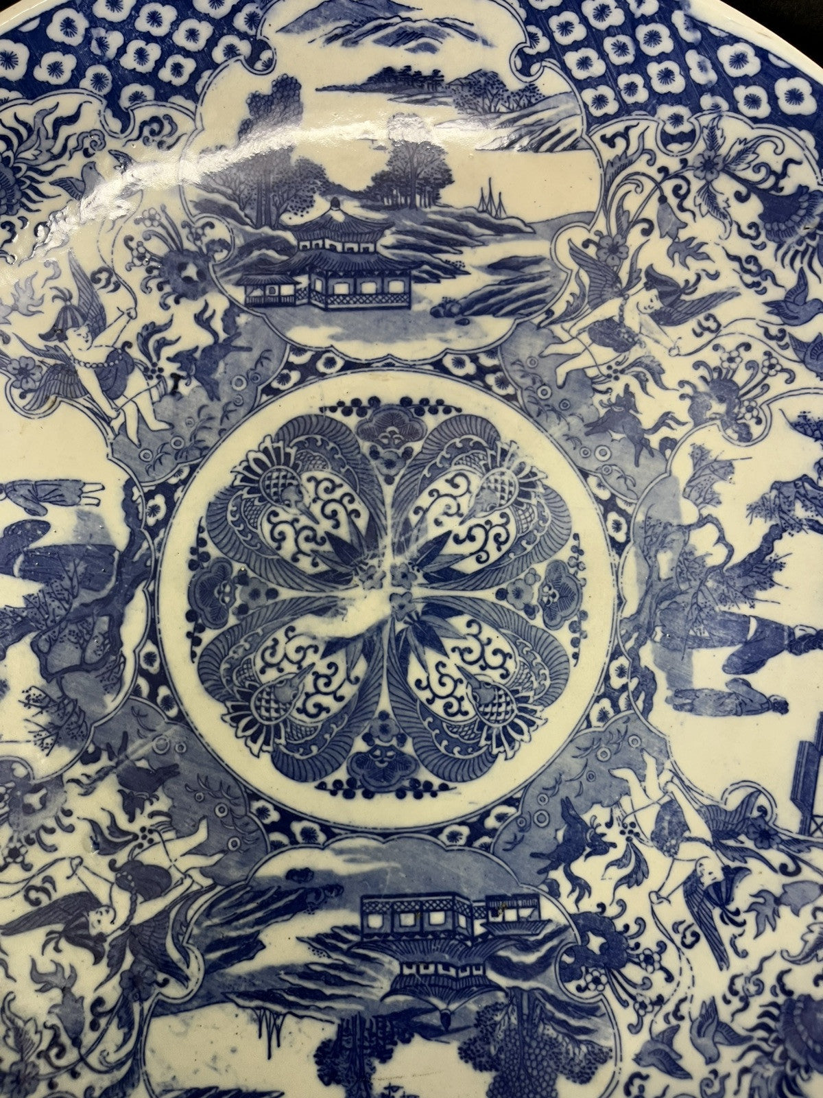 LARGE JAPANESE BLUE & WHITE PORCELAIN CHARGER, 18"DIAM