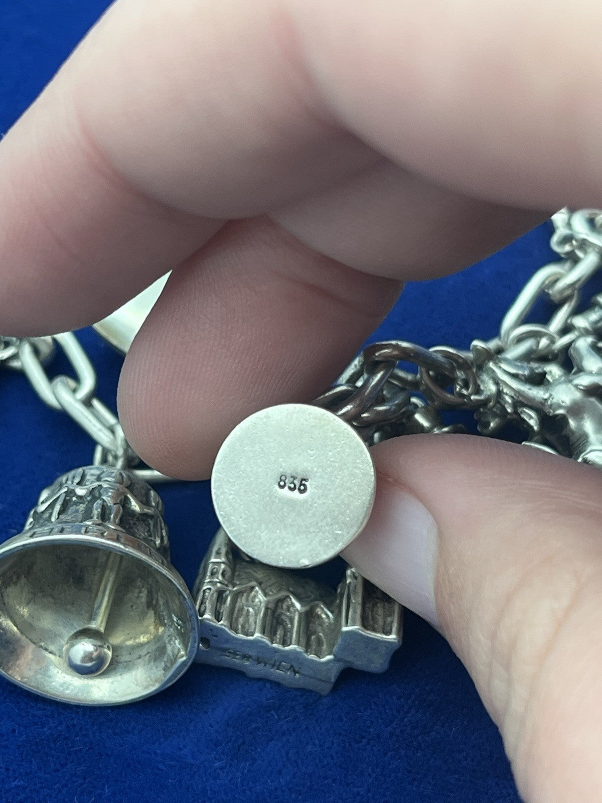 Vintage German 835 Sterling Silver Charm Bracelet  12 Charms 7 3/8 in Length