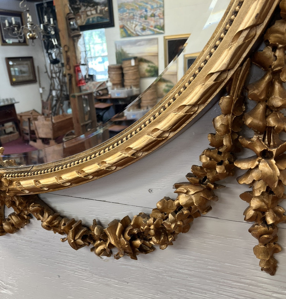 LOUIS XVI CARVED FLORAL SWAG GILT GOLD PAINTED BEVELED OVAL WALL MIRROR 51x43