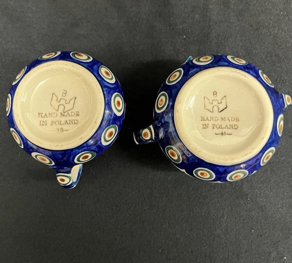Boleslawiec Polish Pottery Sugar Bowl & Creamer Set w/ Plate Peacock Pattern