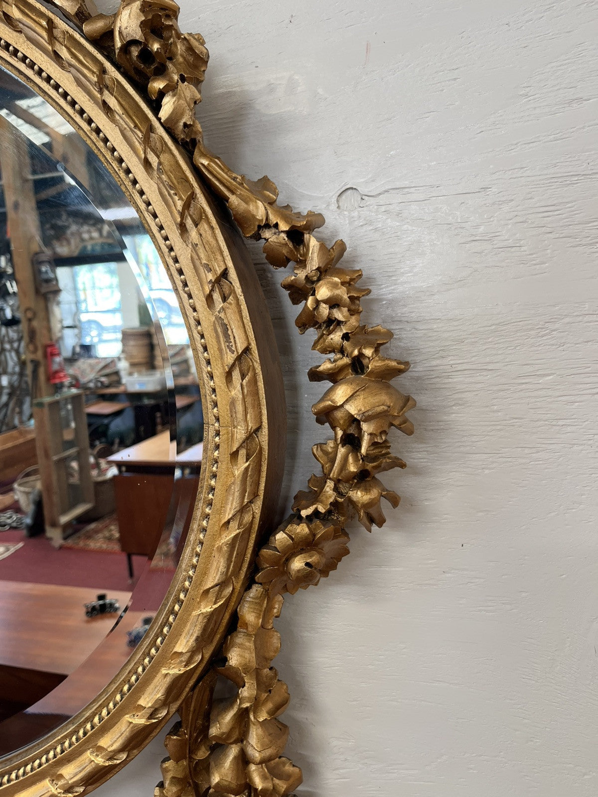 LOUIS XVI CARVED FLORAL SWAG GILT GOLD PAINTED BEVELED OVAL WALL MIRROR 51x43