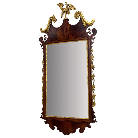 Antique English Chippendale Mahogany Parcel Gilt Mirror w/ Phoenix Bird CL1
