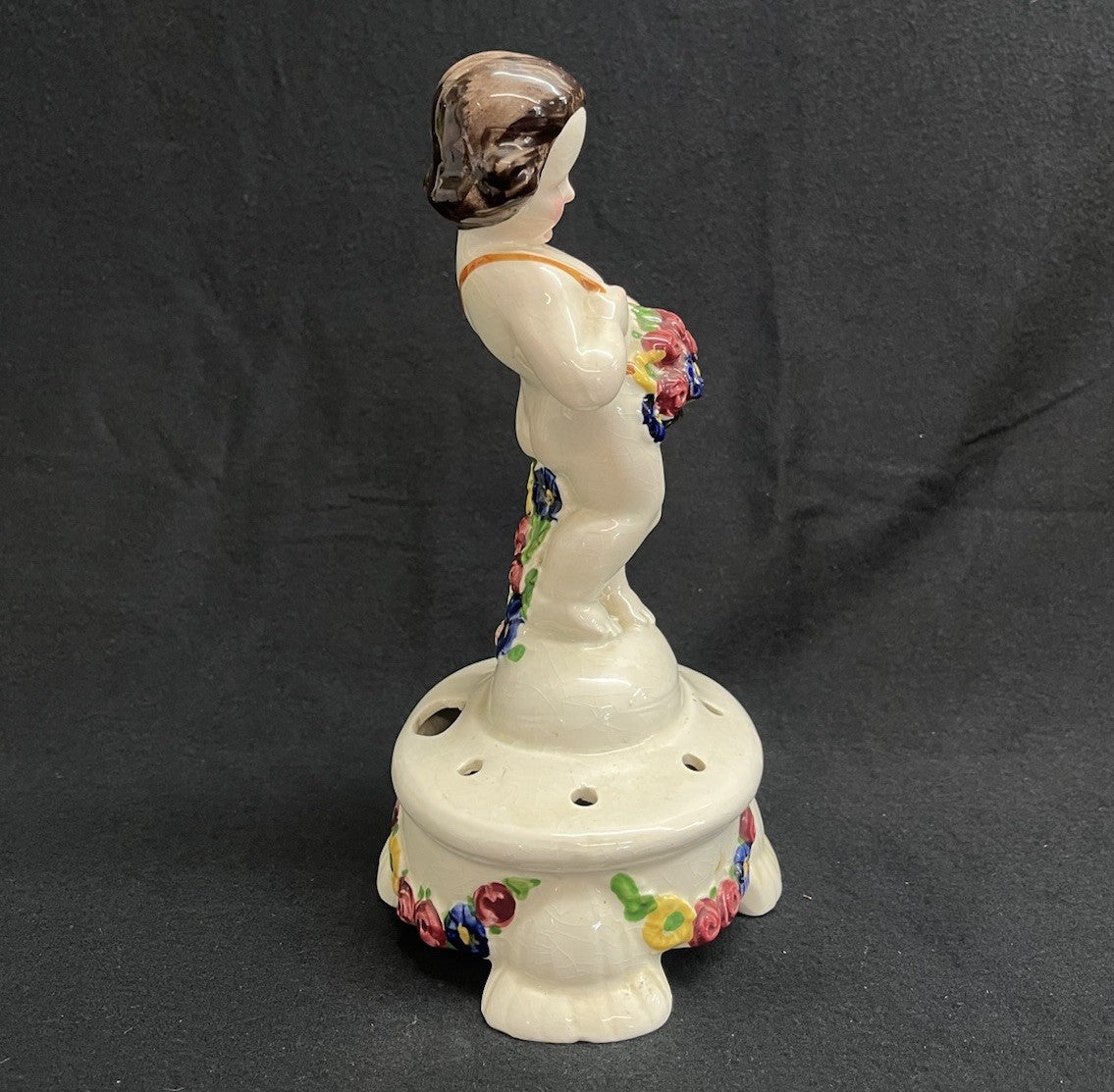 Antique PORCELAIN FLOWER FROG CHERUB  PUTTI FIGURINE w Flower Basket H9.5"