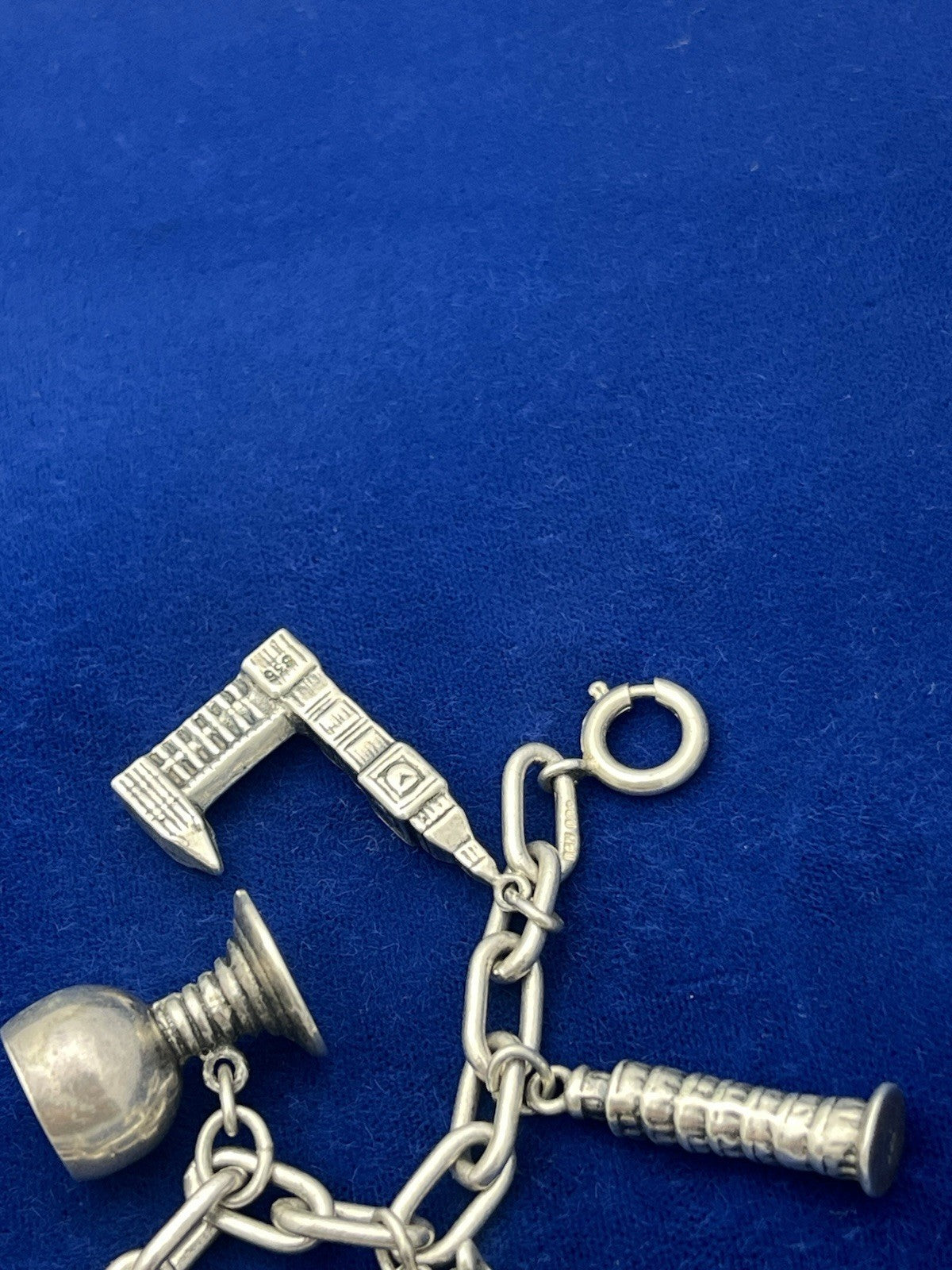 Vintage German 835 Sterling Silver Charm Bracelet  12 Charms 7 3/8 in Length