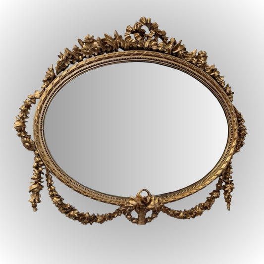LOUIS XVI CARVED FLORAL SWAG GILT GOLD PAINTED BEVELED OVAL WALL MIRROR 51x43