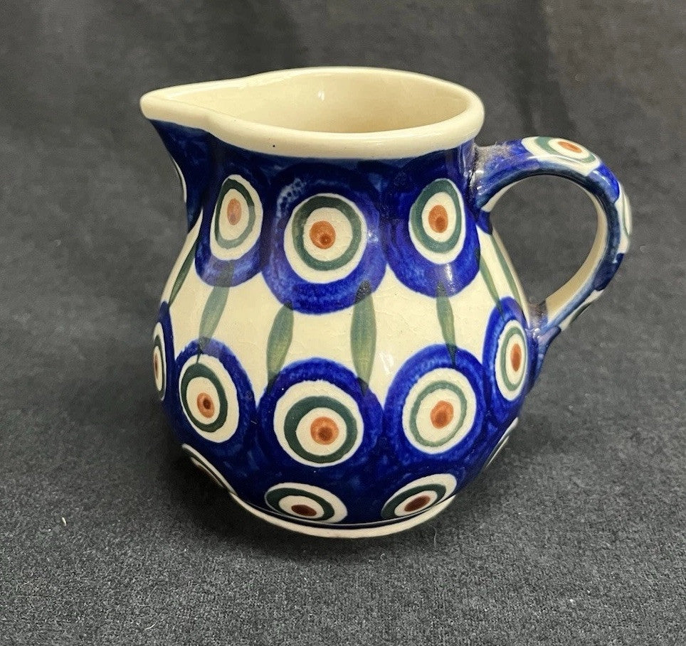 Boleslawiec Polish Pottery Sugar Bowl & Creamer Set w/ Plate Peacock Pattern