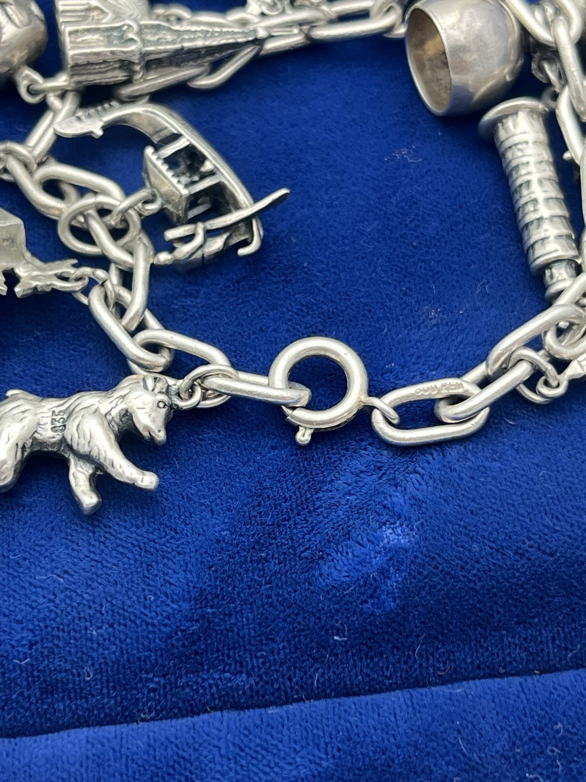 Vintage German 835 Sterling Silver Charm Bracelet  12 Charms 7 3/8 in Length