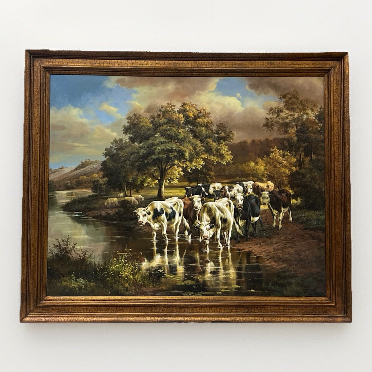 Large Agricultural Pastoral Cows Grazing Oil On Canvas Painting 58" x 70" CL6