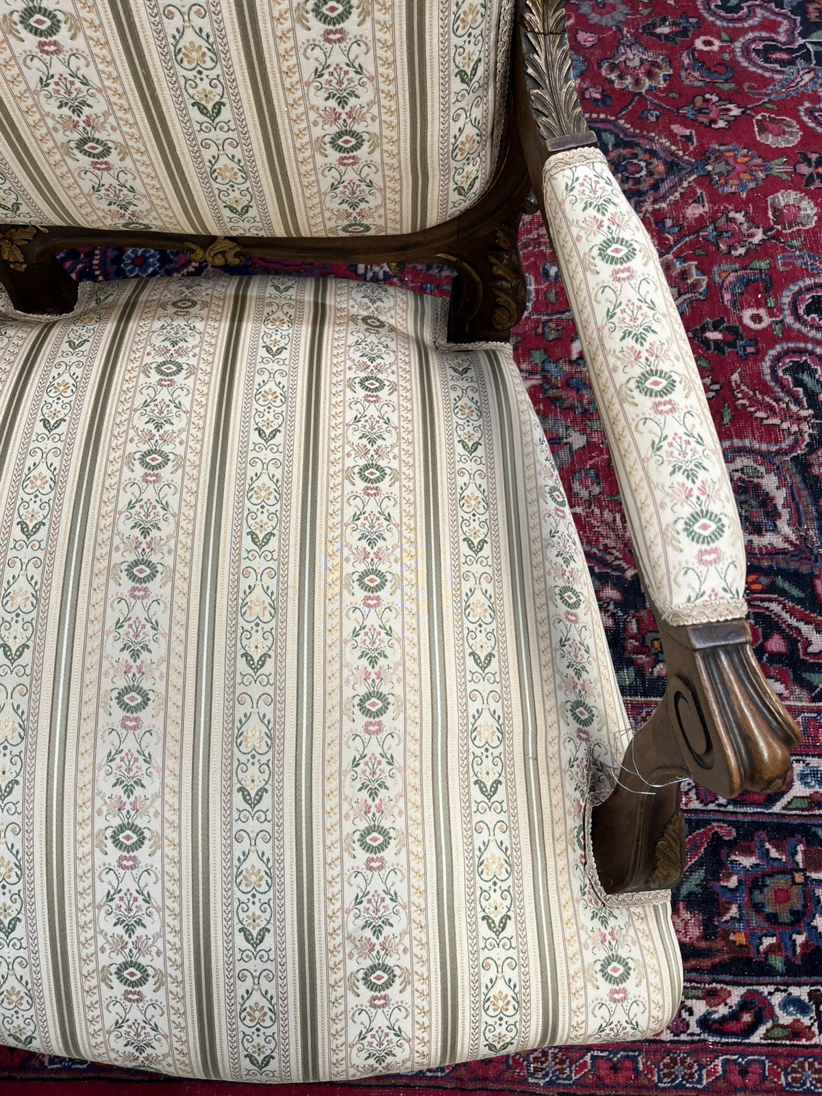 ANTIQUE FRENCH LOUIS XV CARVED & PARCEL-GILT UPHOLSTERED SALON SOFA COUCH SETTEE