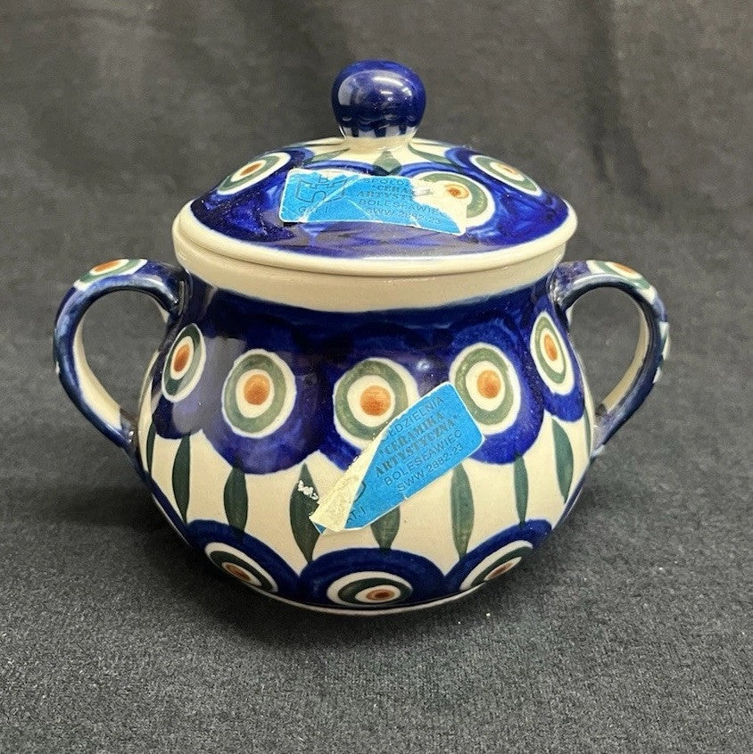Boleslawiec Polish Pottery Sugar Bowl & Creamer Set w/ Plate Peacock Pattern