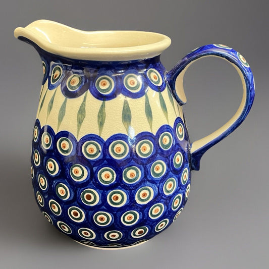 Boleslawiec Polish Pottery 56 oz Pitcher, Peacock Pattern, 7.5 in