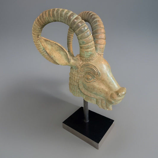 Persian Style Mounted Cast Bronze Ram's Head Sculpture