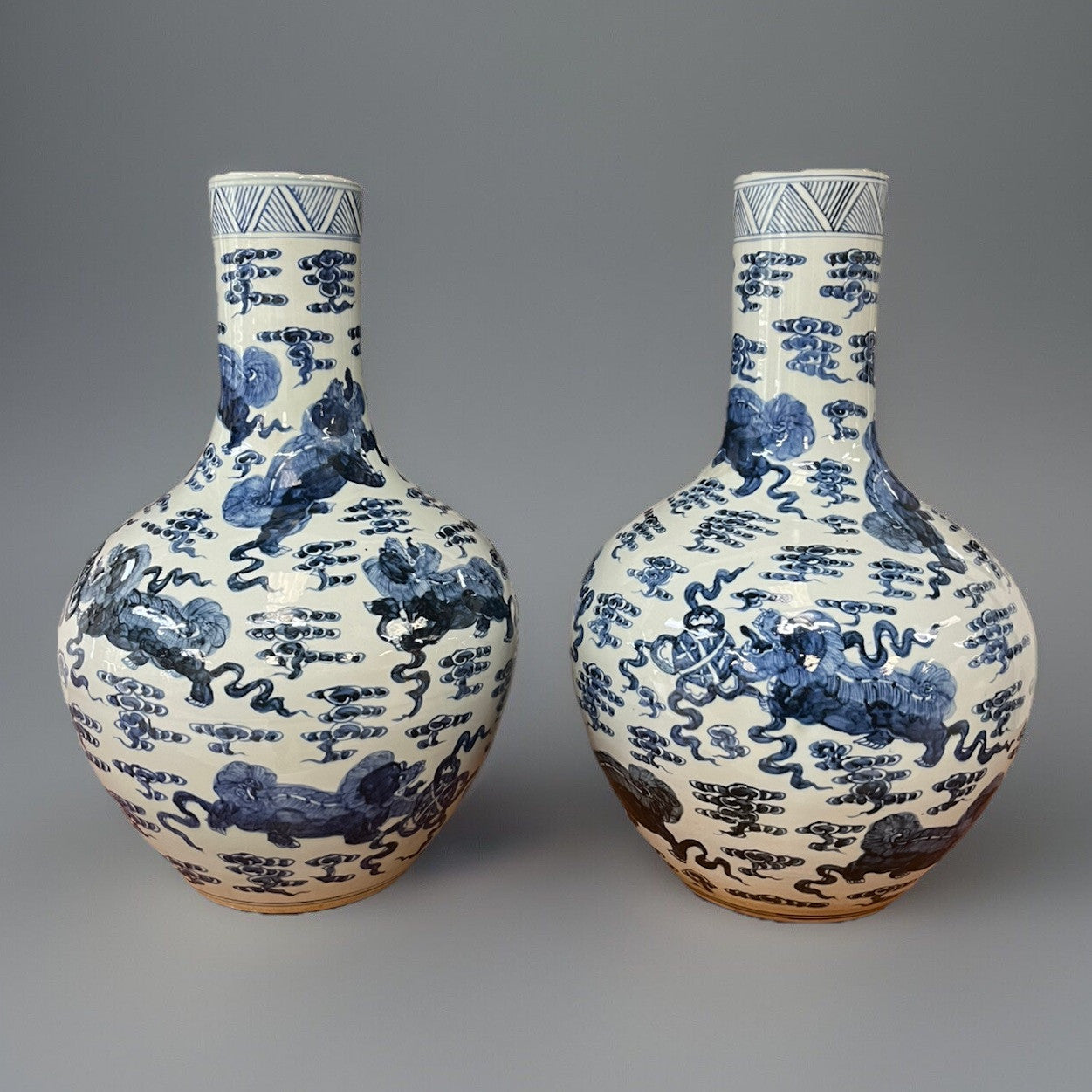 PAIR OF LARGE CHINESE BLUE & WHITE PORCELAIN BOTTLE NECK VASES, 24"H x14"