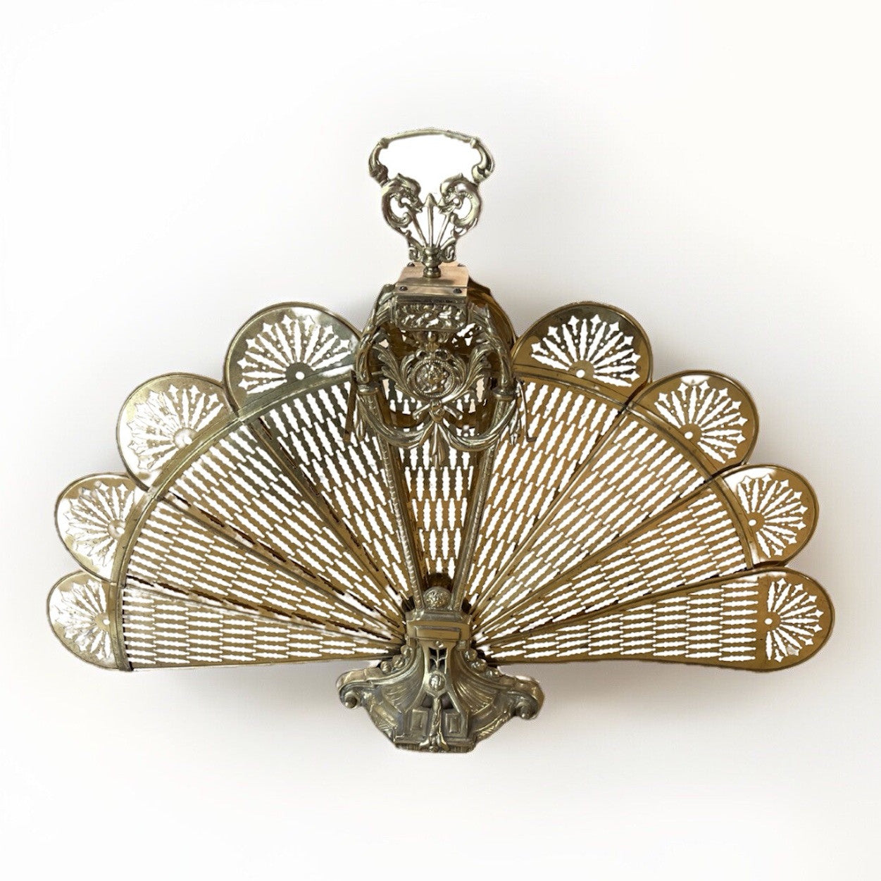 Antique Art Deco Gilt Gold Folding Fan Peacock Fire Screen CL10