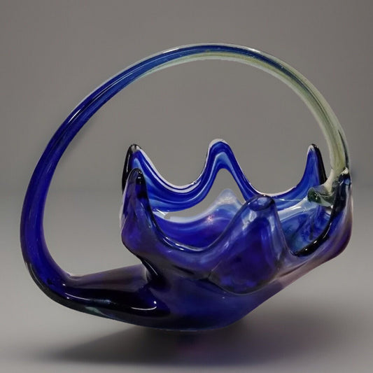Vintage Hand Crafted Stretch Glass Centerpiece Bowl Cobalt Blue & Clear Glass