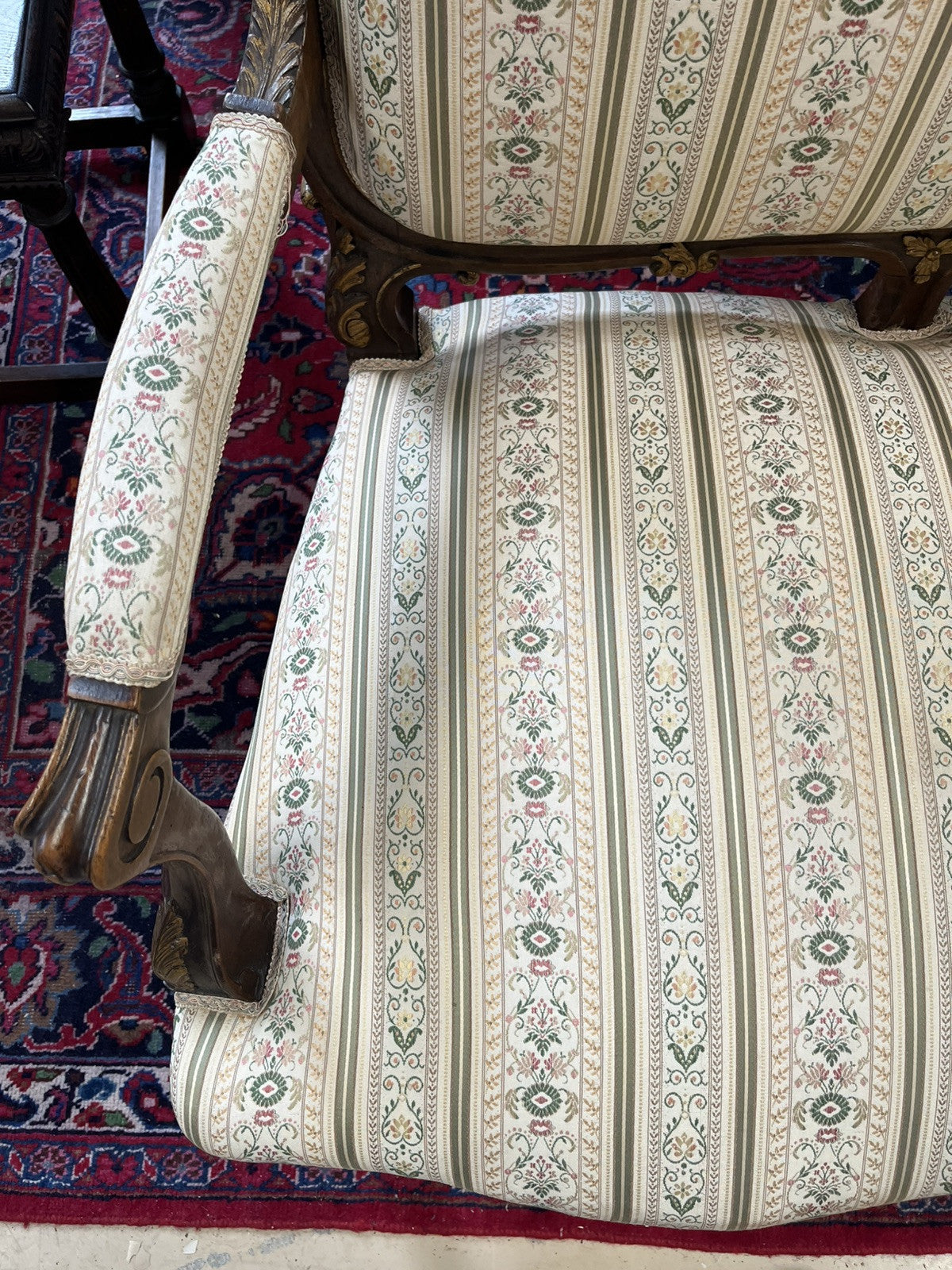 ANTIQUE FRENCH LOUIS XV CARVED & PARCEL-GILT UPHOLSTERED SALON SOFA COUCH SETTEE