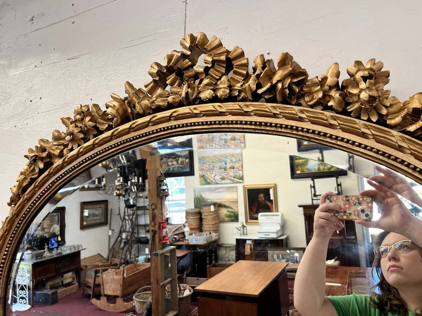 LOUIS XVI CARVED FLORAL SWAG GILT GOLD PAINTED BEVELED OVAL WALL MIRROR 51x43