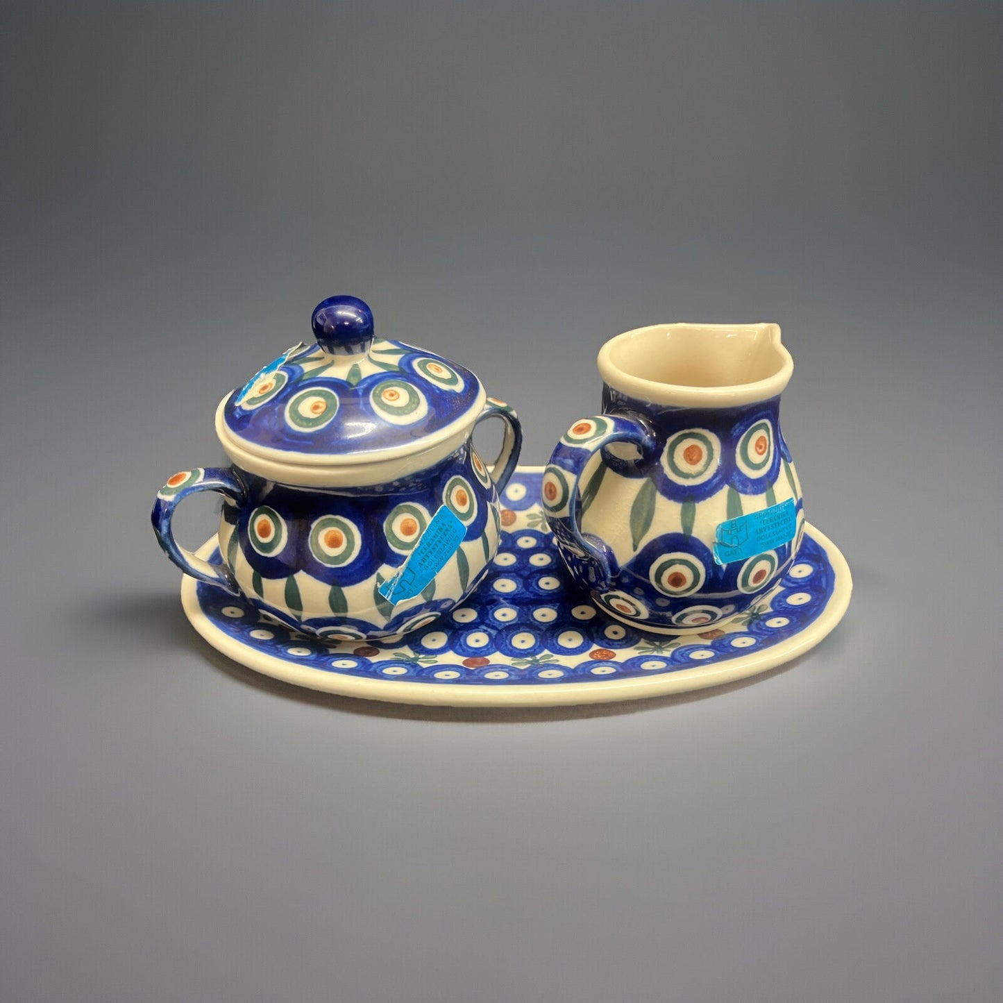 Boleslawiec Polish Pottery Sugar Bowl & Creamer Set w/ Plate Peacock Pattern