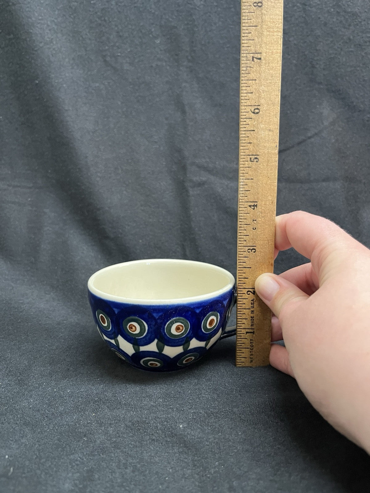 Boleslawiec Polish Pottery Cup and Saucer, Peacock Pattern