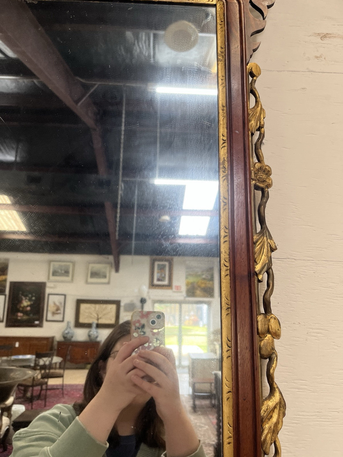 Antique English Chippendale Mahogany Parcel Gilt Mirror w/ Phoenix Bird CL1