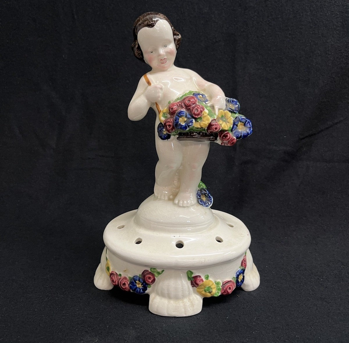 Antique PORCELAIN FLOWER FROG CHERUB  PUTTI FIGURINE w Flower Basket H9.5"