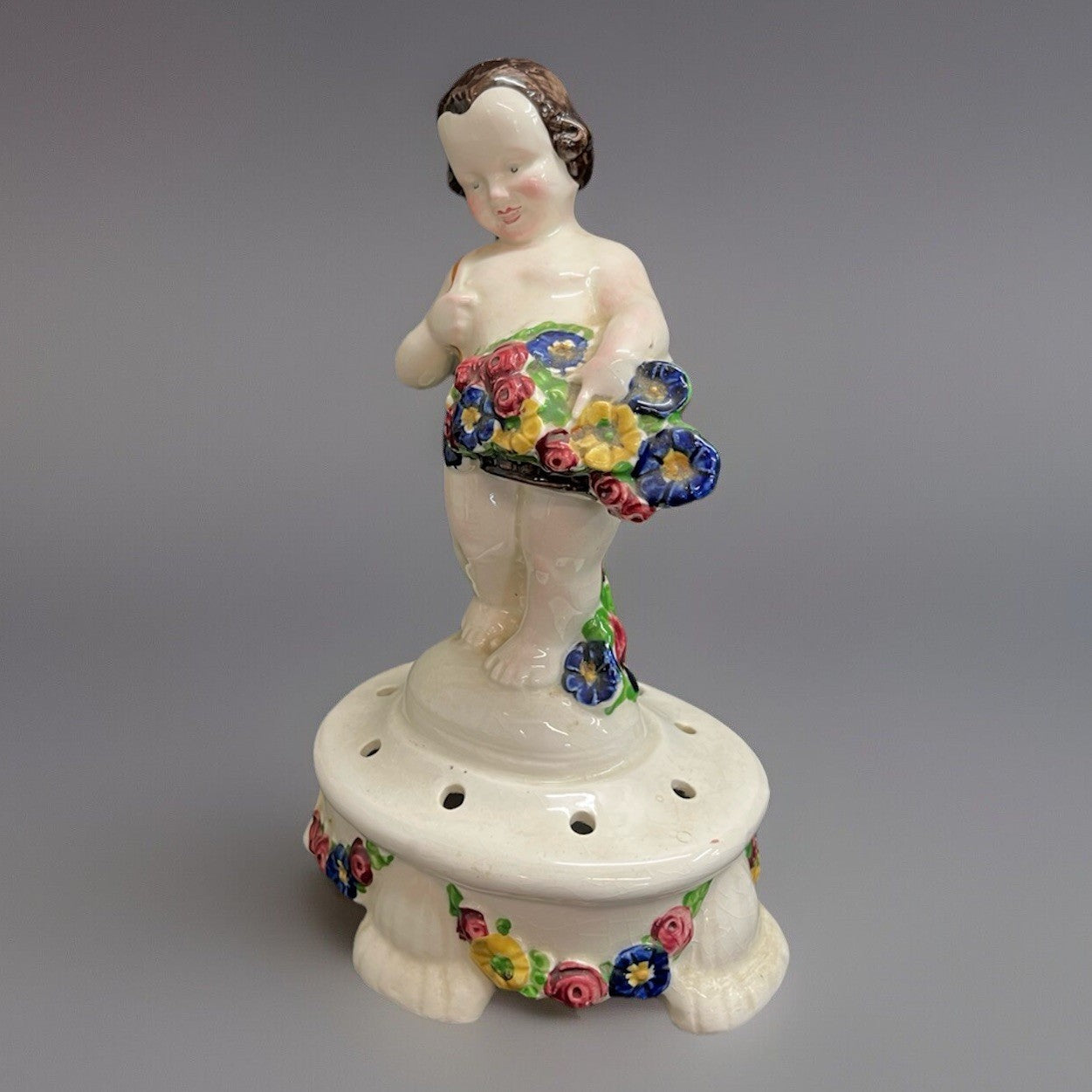 Antique PORCELAIN FLOWER FROG CHERUB  PUTTI FIGURINE w Flower Basket H9.5"