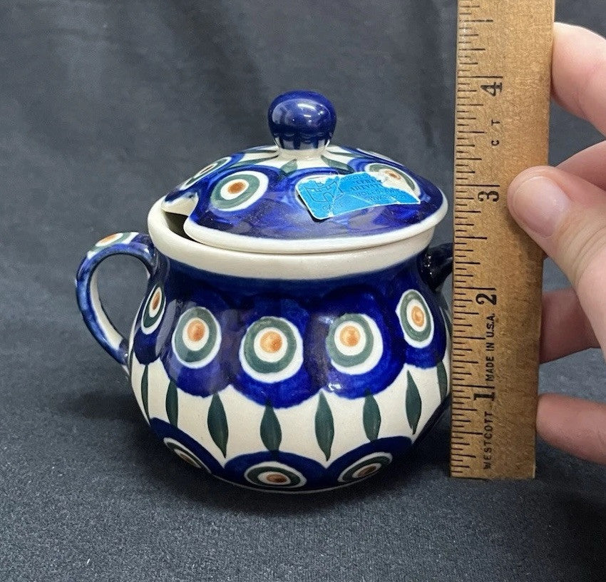Boleslawiec Polish Pottery Sugar Bowl & Creamer Set w/ Plate Peacock Pattern