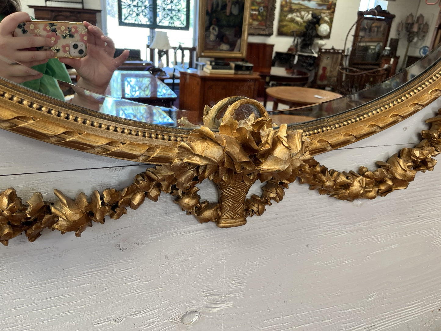 LOUIS XVI CARVED FLORAL SWAG GILT GOLD PAINTED BEVELED OVAL WALL MIRROR 51x43