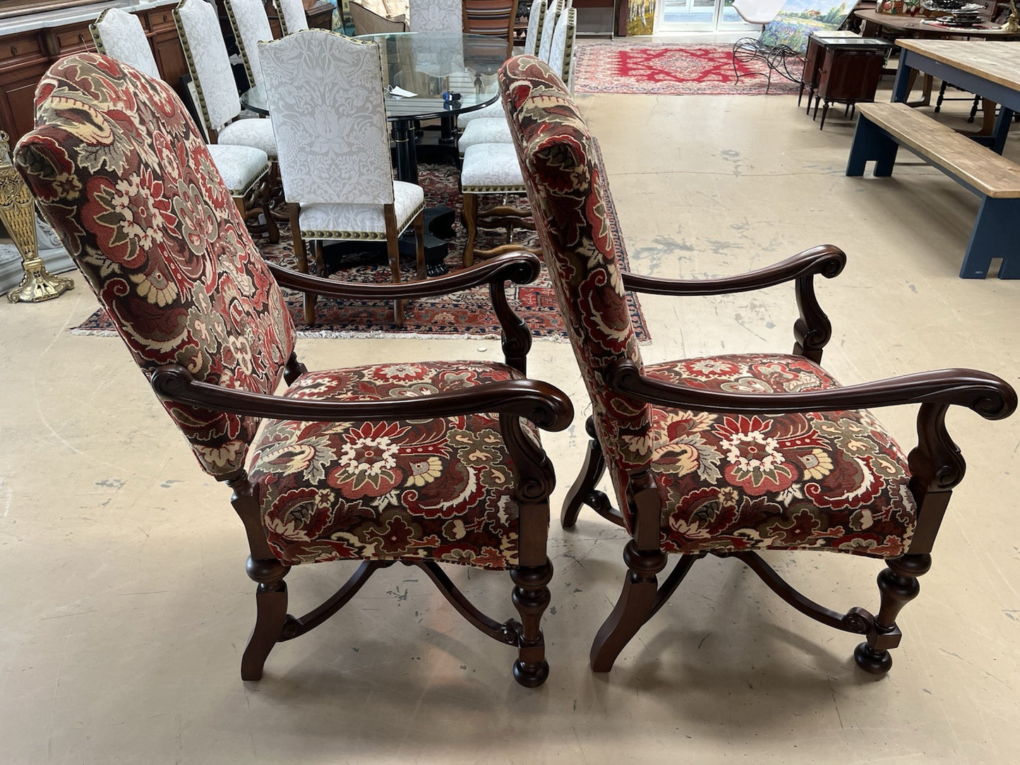 Pair French style  Armchairs  wood carved new upholstery w 2 pillows CL7