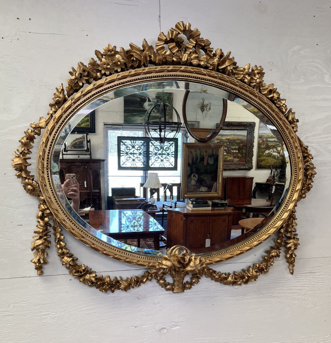 LOUIS XVI CARVED FLORAL SWAG GILT GOLD PAINTED BEVELED OVAL WALL MIRROR 51x43
