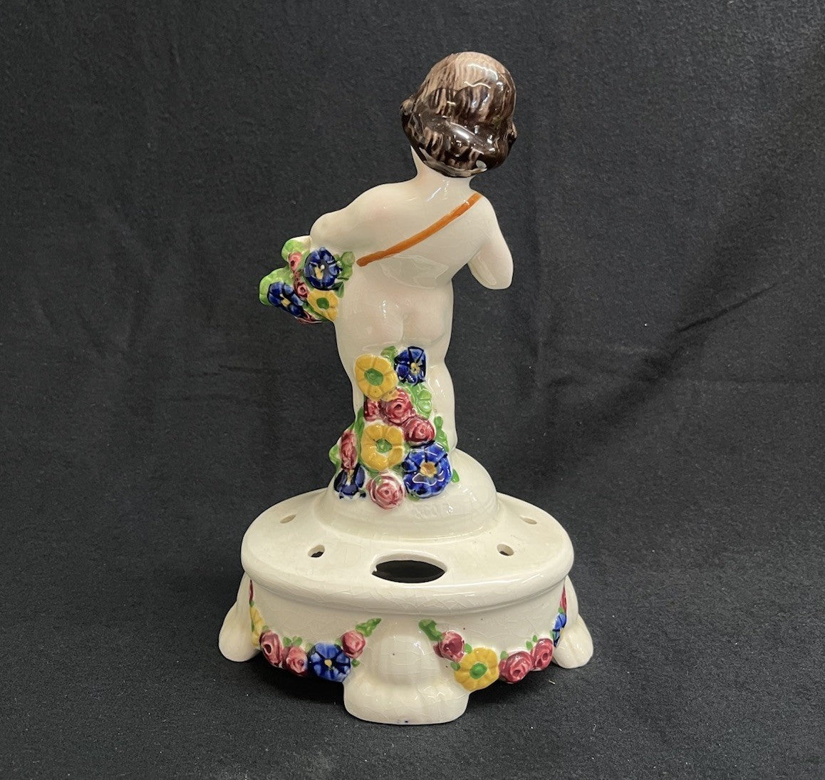 Antique PORCELAIN FLOWER FROG CHERUB  PUTTI FIGURINE w Flower Basket H9.5"