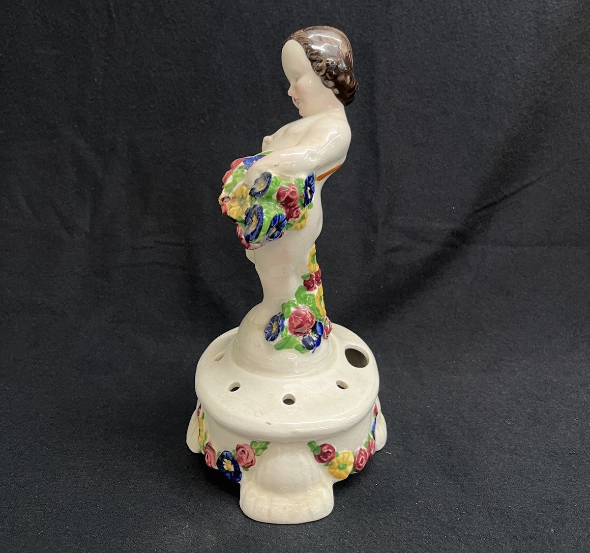 Antique PORCELAIN FLOWER FROG CHERUB  PUTTI FIGURINE w Flower Basket H9.5"