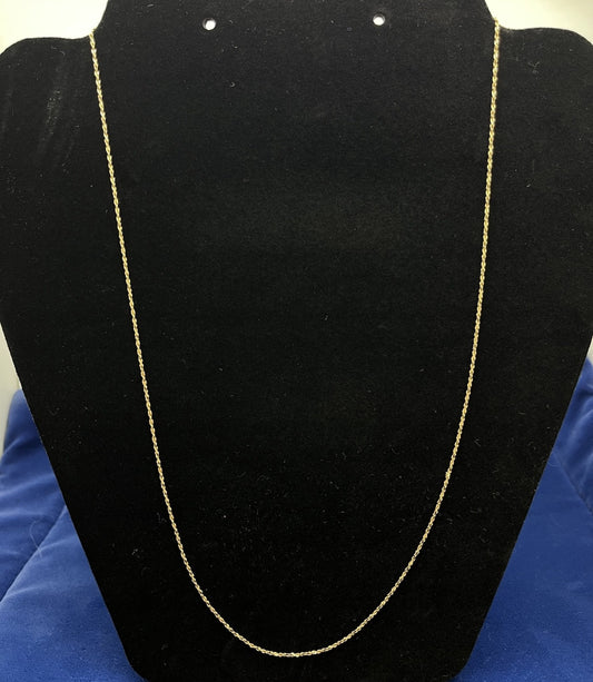 14k yellow gold rope  20 in chain  1 mm   weighs 2 g  marked AT in a circle