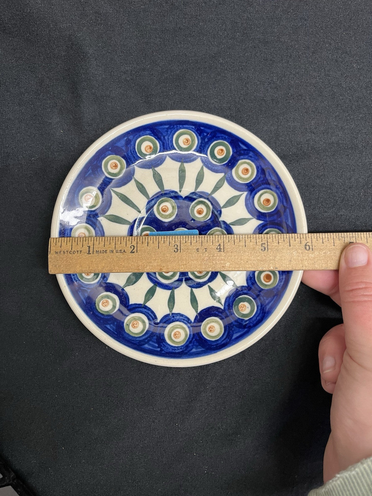 Boleslawiec Polish Pottery Cup and Saucer, Peacock Pattern