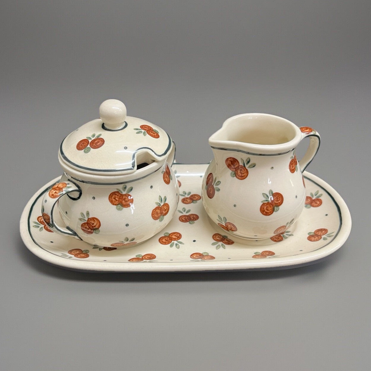 Boleslawiec Polish Pottery Sugar Bowl and Creamer Set w/ Tray, Wild Cherry