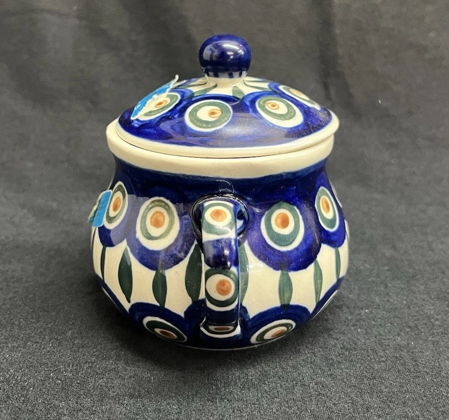Boleslawiec Polish Pottery Sugar Bowl & Creamer Set w/ Plate Peacock Pattern