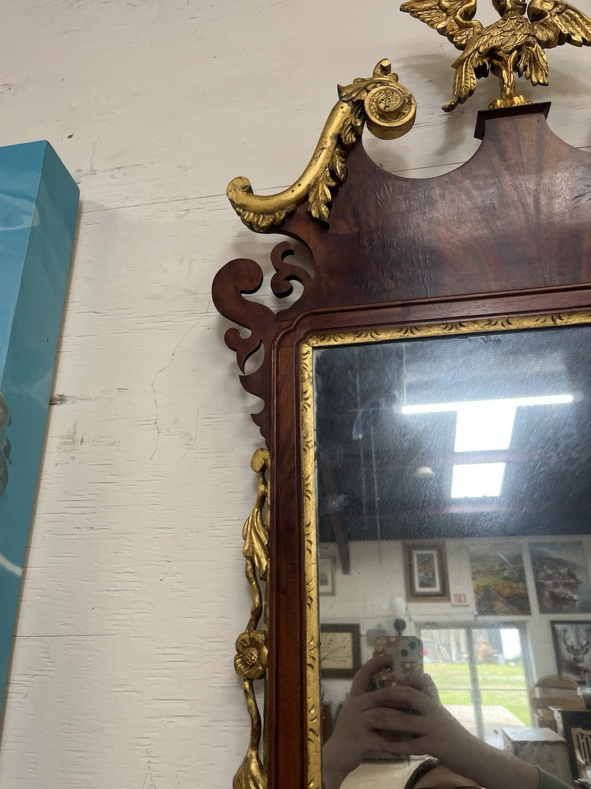 Antique English Chippendale Mahogany Parcel Gilt Mirror w/ Phoenix Bird CL1