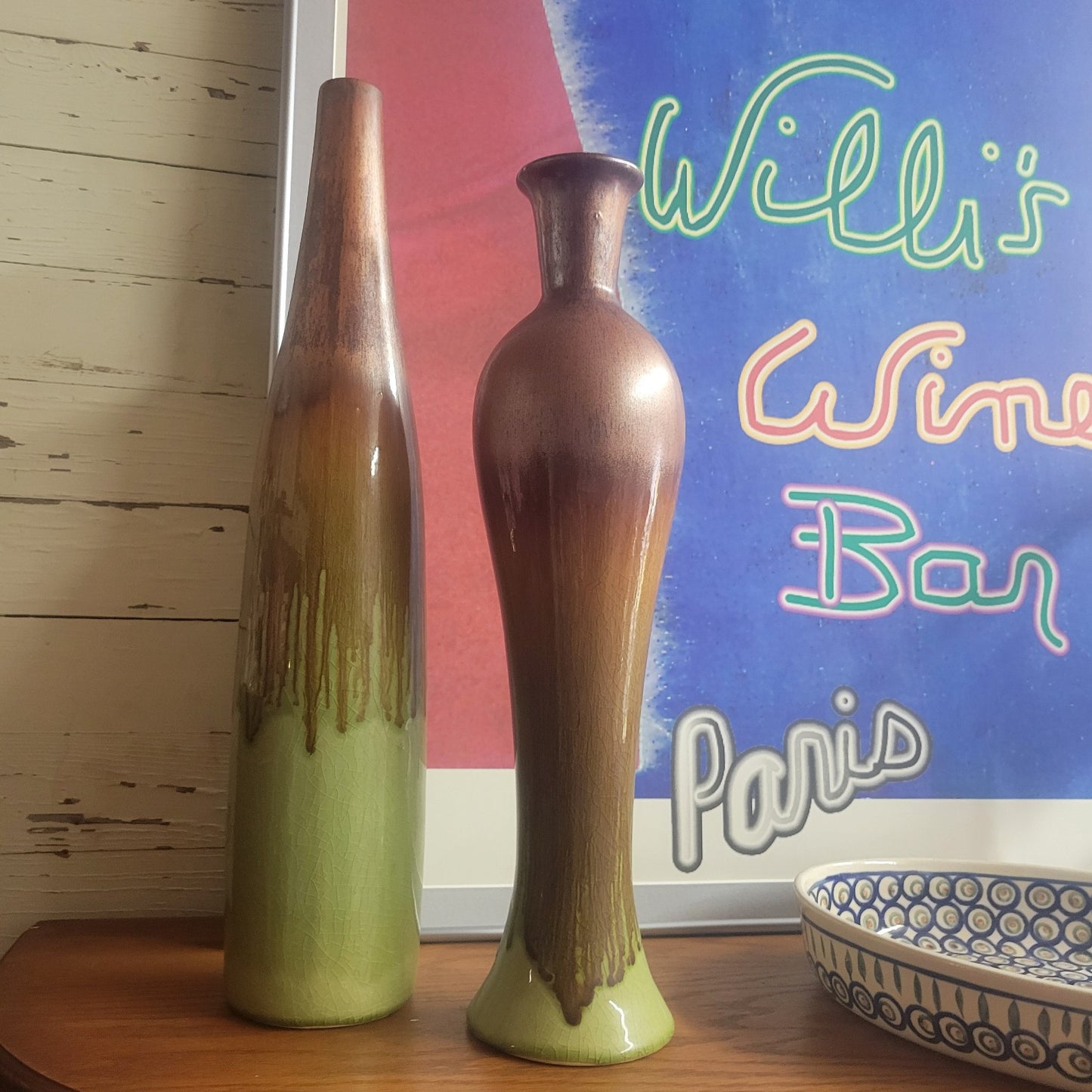 Pottery Green and Brown Drip Glaze Vase 18.25" Tall