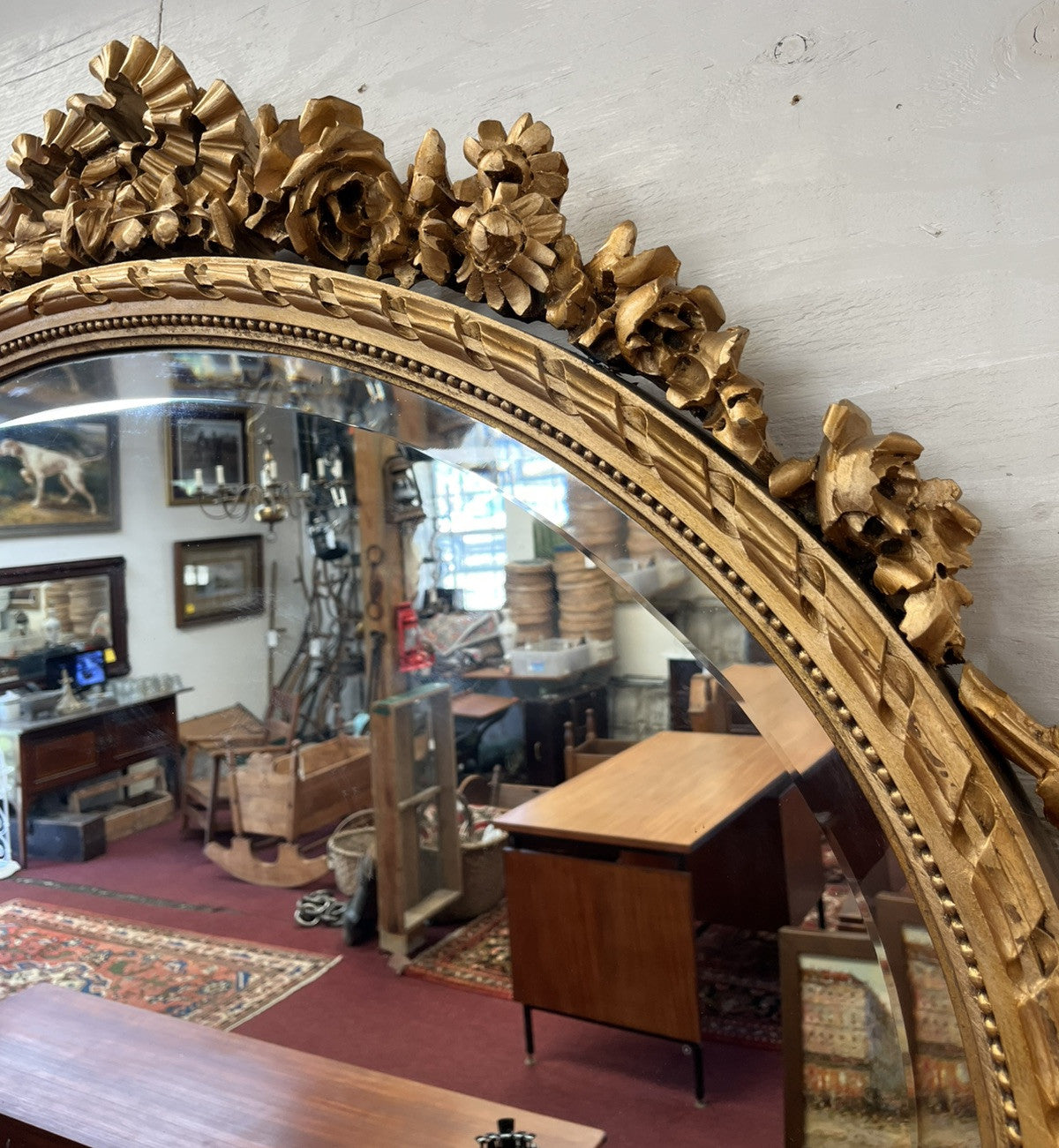 LOUIS XVI CARVED FLORAL SWAG GILT GOLD PAINTED BEVELED OVAL WALL MIRROR 51x43