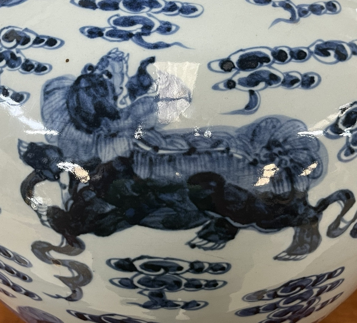 PAIR OF LARGE CHINESE BLUE & WHITE PORCELAIN BOTTLE NECK VASES, 24"H x14"