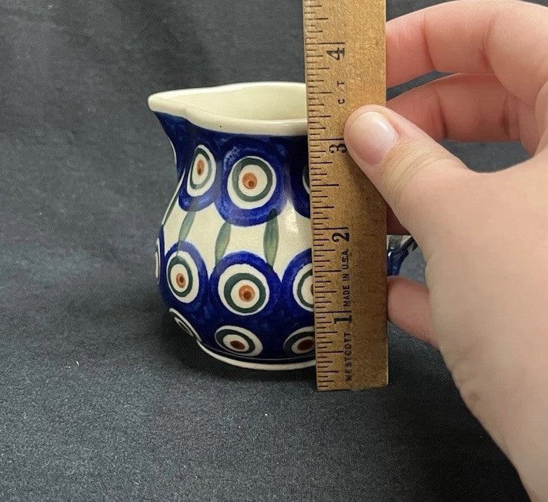 Boleslawiec Polish Pottery Sugar Bowl & Creamer Set w/ Plate Peacock Pattern