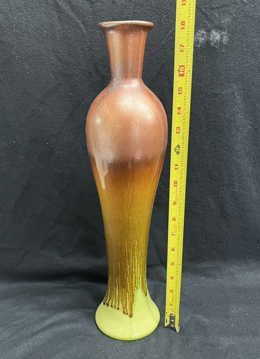Pottery Green and Brown Drip Glaze Vase 18.25" Tall