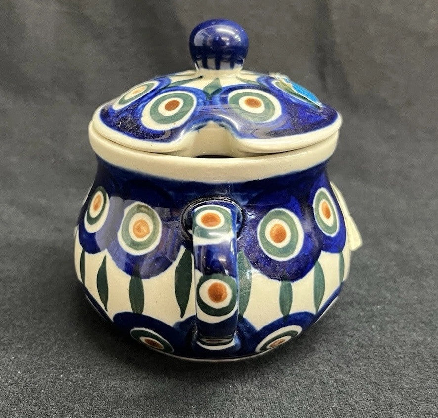 Boleslawiec Polish Pottery Sugar Bowl & Creamer Set w/ Plate Peacock Pattern