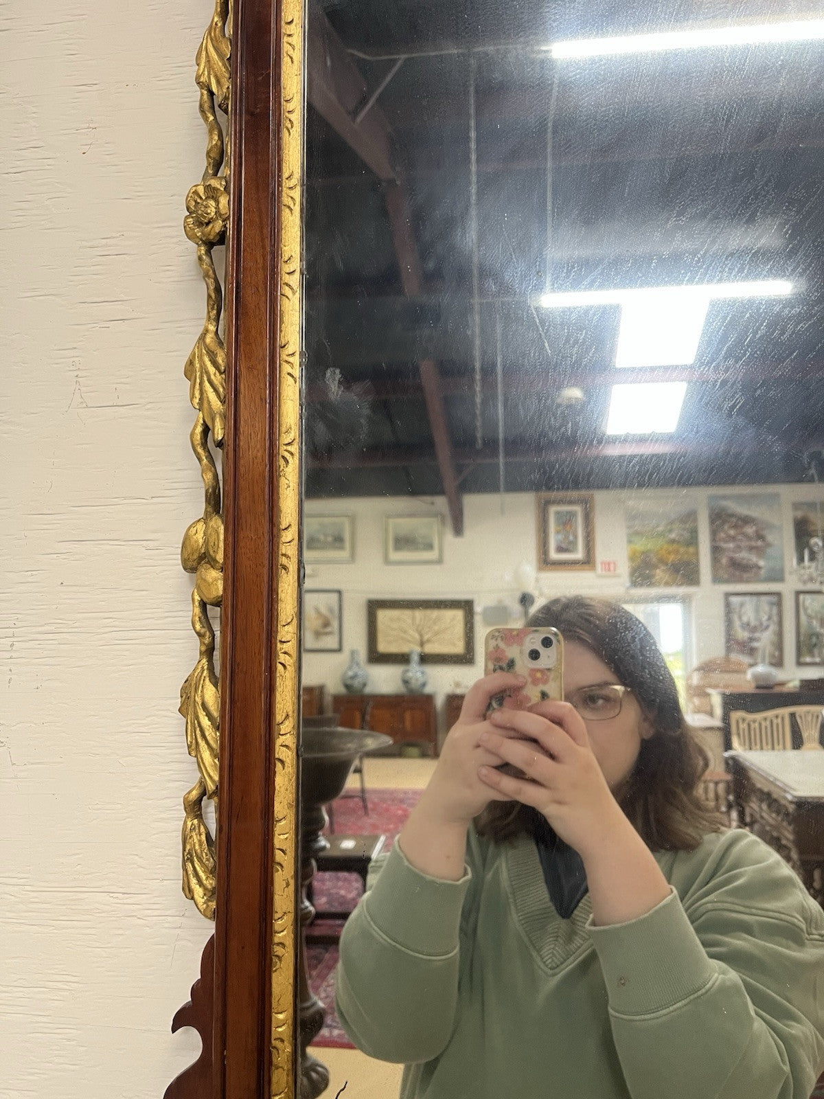 Antique English Chippendale Mahogany Parcel Gilt Mirror w/ Phoenix Bird CL1