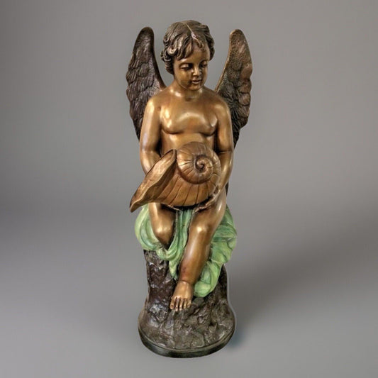 Bronze Cherub w Wings Angel Holding a Conch Shell Tabletop  Fountain H 27"