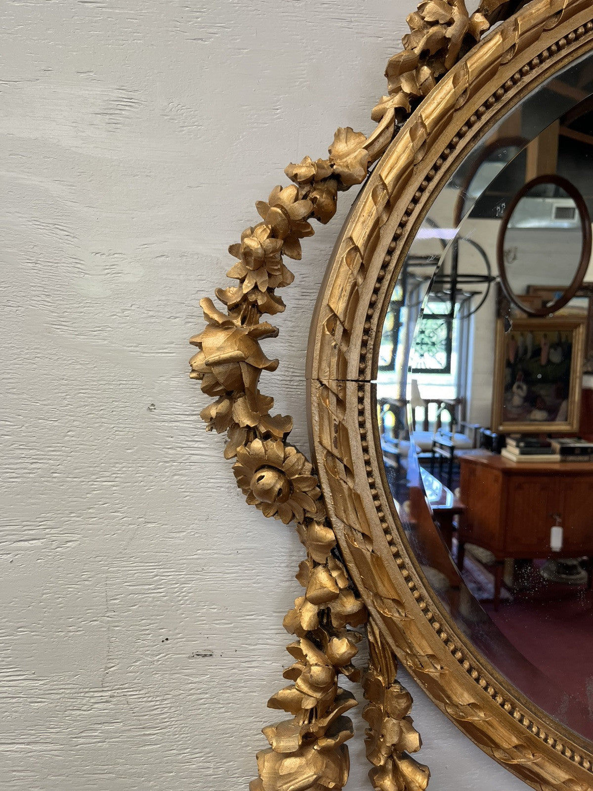 LOUIS XVI CARVED FLORAL SWAG GILT GOLD PAINTED BEVELED OVAL WALL MIRROR 51x43