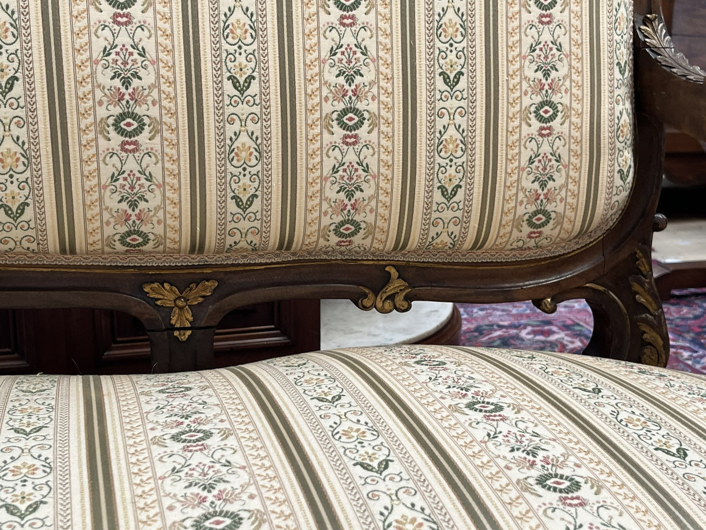 ANTIQUE FRENCH LOUIS XV CARVED & PARCEL-GILT UPHOLSTERED SALON SOFA COUCH SETTEE