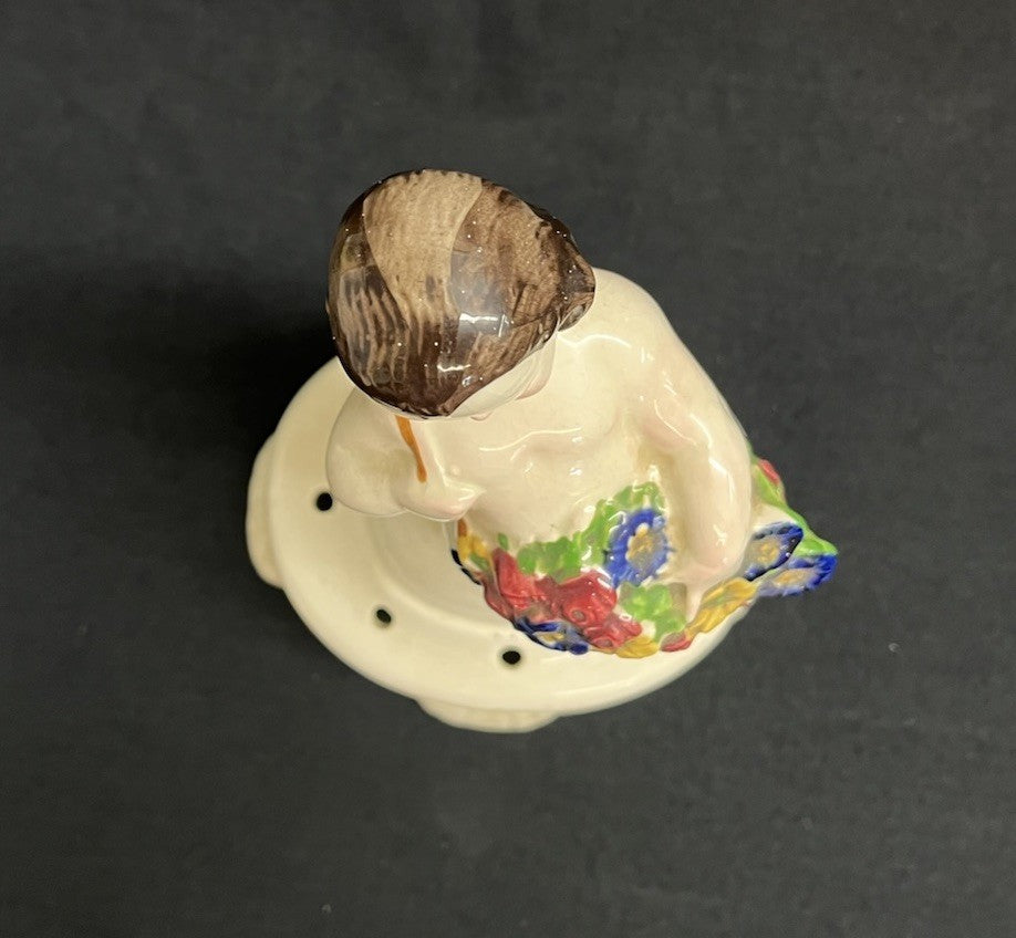 Antique PORCELAIN FLOWER FROG CHERUB  PUTTI FIGURINE w Flower Basket H9.5"